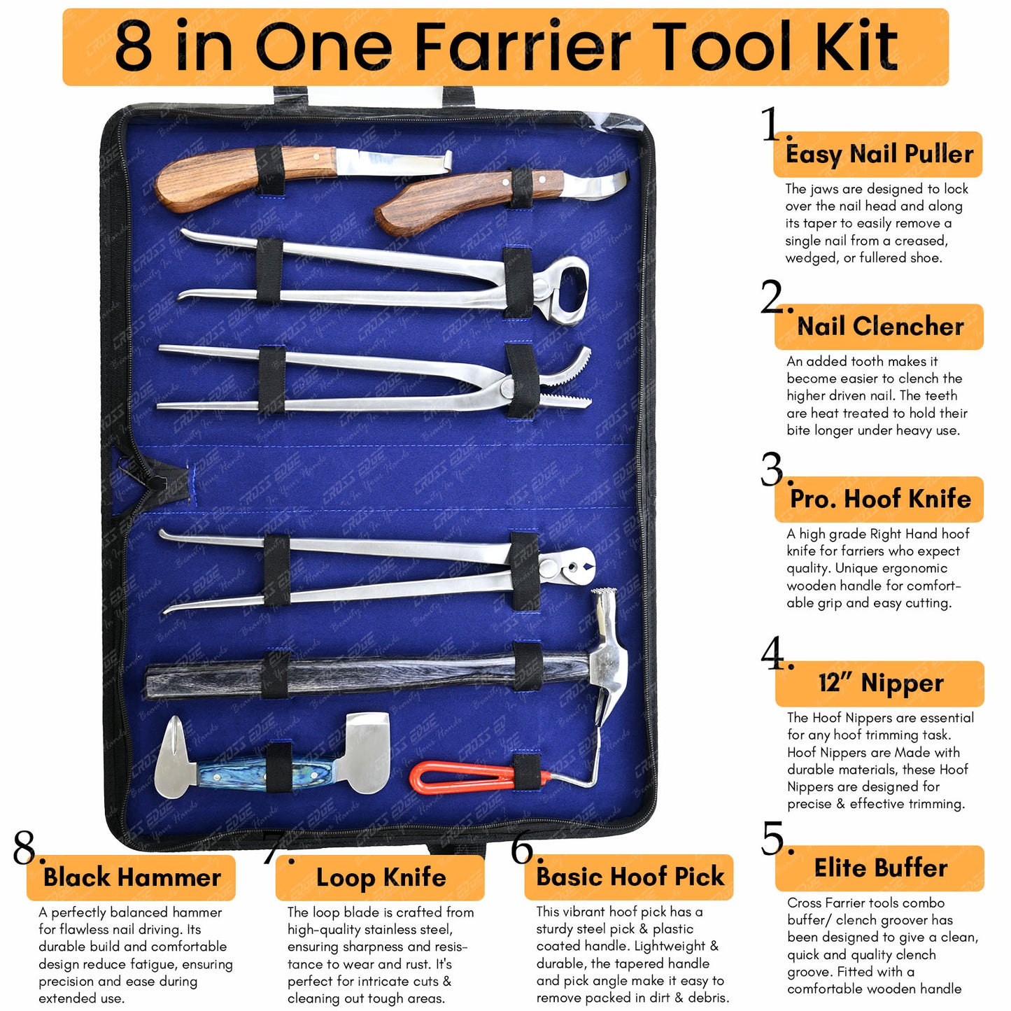 Horse Farrier Tools Kit – 9 Pc Hoof Trimming & Shoeing Set
