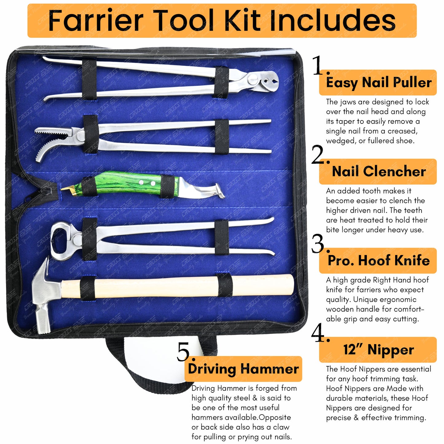 Horse Farrier Tools Kit – 5 Pc Hoof Trimming & Shoeing Set