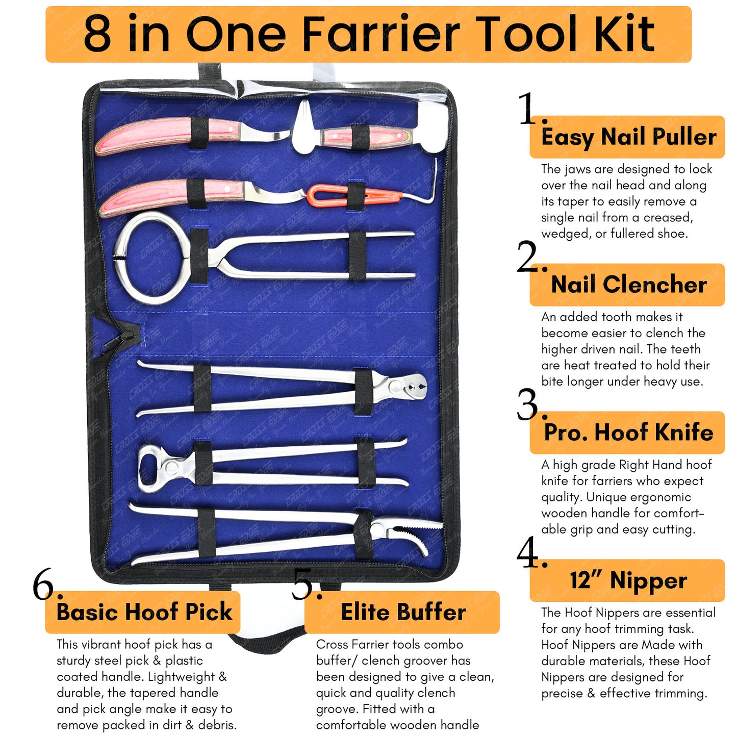 Horse Farrier Tools Kit – 9 Pc Professional Hoof Trimming & Shoeing Set