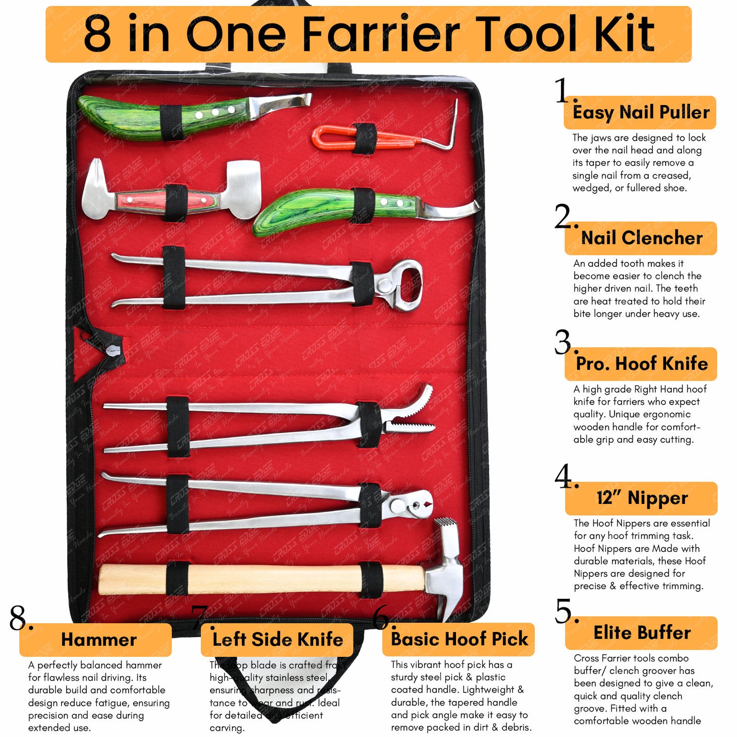 Horse Farrier Tools Kit – 8 Pc Hoof Trimming & Shoeing Set
